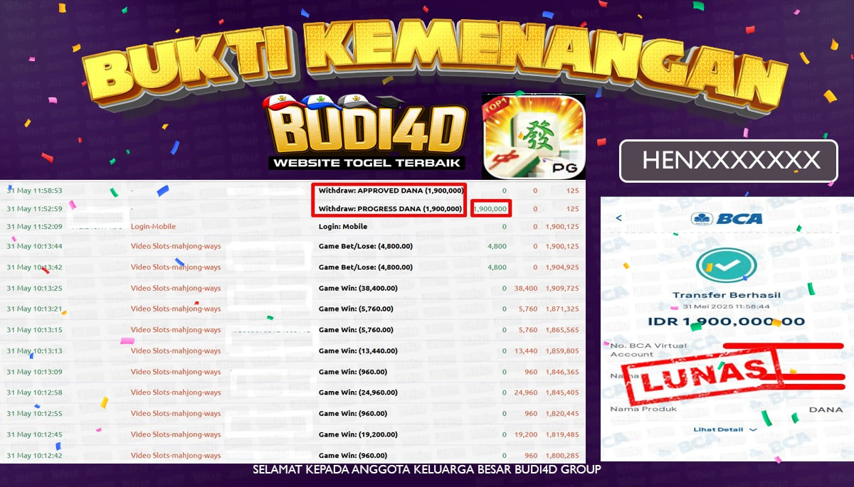 BUDI4D JACKPOT SLOT PGSOFT MAHJONG WAYS Rp.1.900.000,- LUNAS