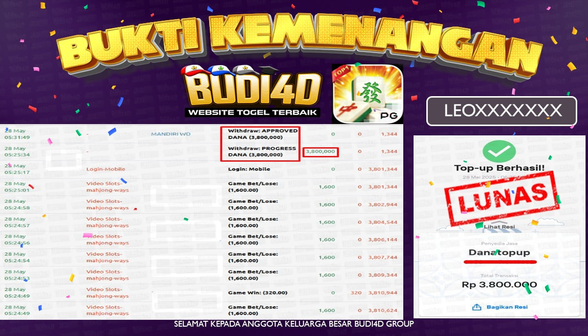 BUDI4D JACKPOT SLOT PGSOFT MAHJONG WAYS Rp.3.800.000,- LUNAS