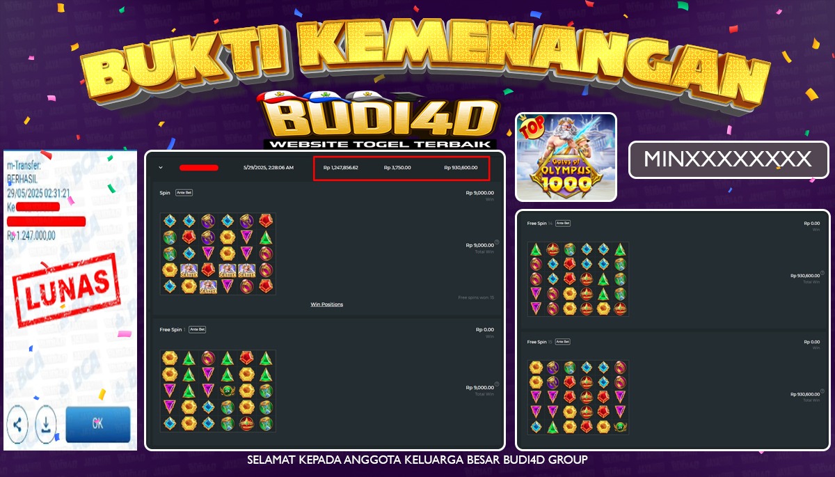 BUDI4D JACKPOT SLOT PRAGMATIC GATES OF OLYMPUS 1000  Rp 1.247.000,- LUNAS