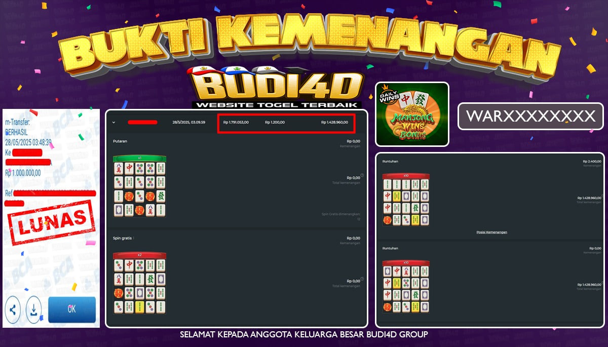 BUDI4D JACKPOT SLOT PRAGMATIC MAHJONG WINS BONUS Rp.1.000.000,- LUNAS
