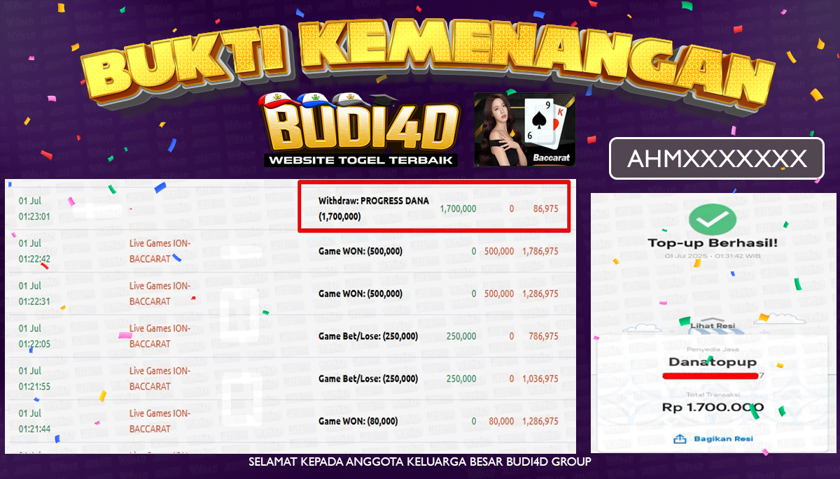 BUDI4D JACKPOT LIVE CASINO ION BACCARAT Rp.1.700.000,- LUNAS