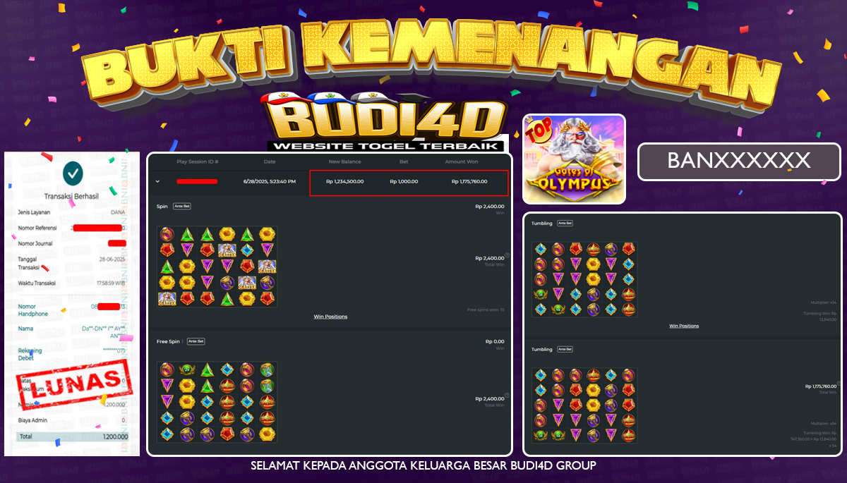 BUDI4D JACKPOT SLOT PRAGMATIC PLAY ( Gates of Olympus ) Rp.1.200.000,- LUNAS