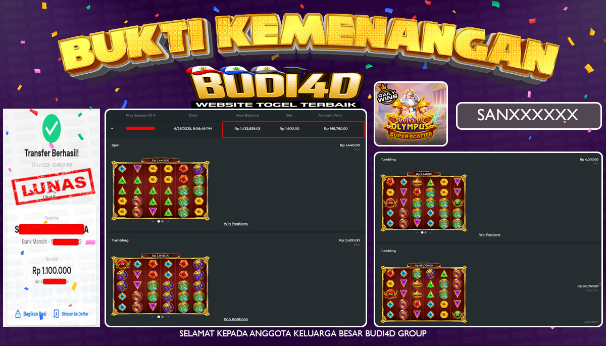 BUDI4D JACKPOT SLOT PRAGMATIC PLAY ( Gates of Olympus Super Scatter ) Rp.1.100.000,- LUNAS