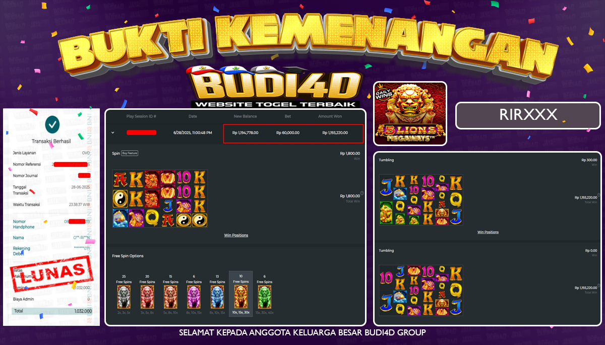 BUDI4D JACKPOT SLOT PRAGMATIC PLAY ( 5 Lions Megaways ) Rp.1.032.000,- LUNAS