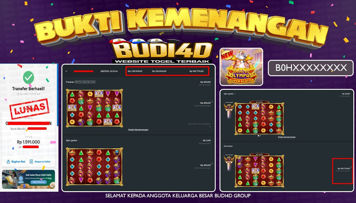 BUDI4D JACKPOT SLOT PRAGMATIC GATES OF OLYMPUS SUPER SCATTER Rp.1.591.000,- LUNAS