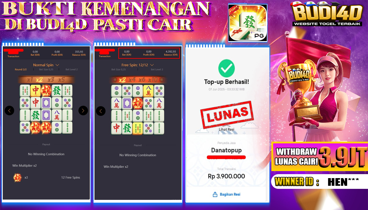 BUDI4D JACKPOT SLOT PGSOFT MAHJONG WAYS Rp.3.900.000,- LUNAS