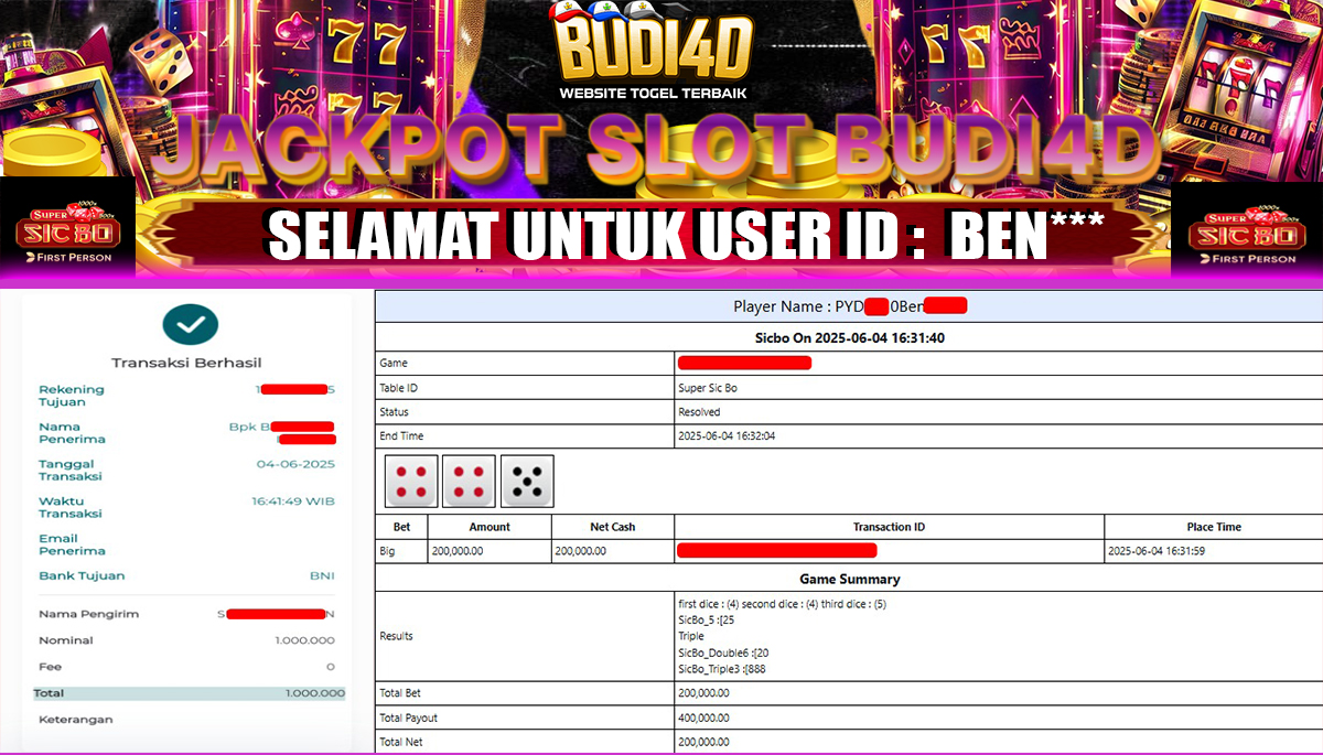 BUDI4D JACKPOT CASINO SUPER SIC BO Rp.1.000.000,- LUNAS