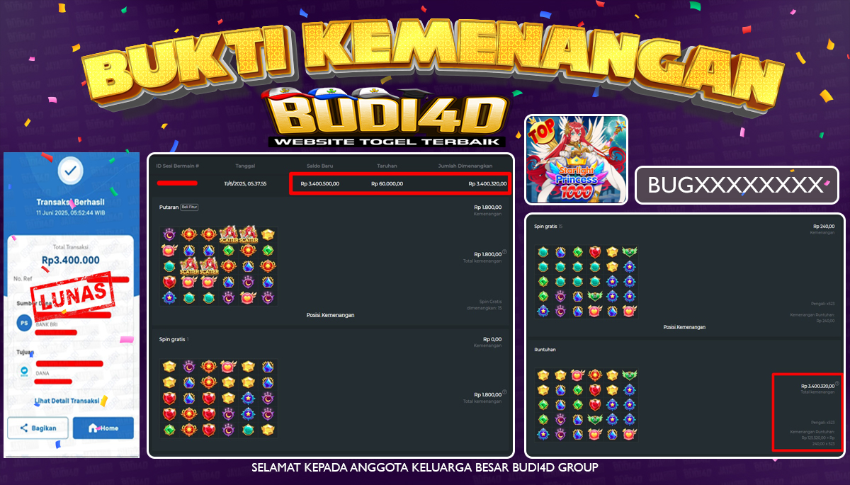 BUDI4D JACKPOT SLOT PRAGMATIC STARLIGHT PRINCESS 1000 Rp.3.400.000,- LUNAS