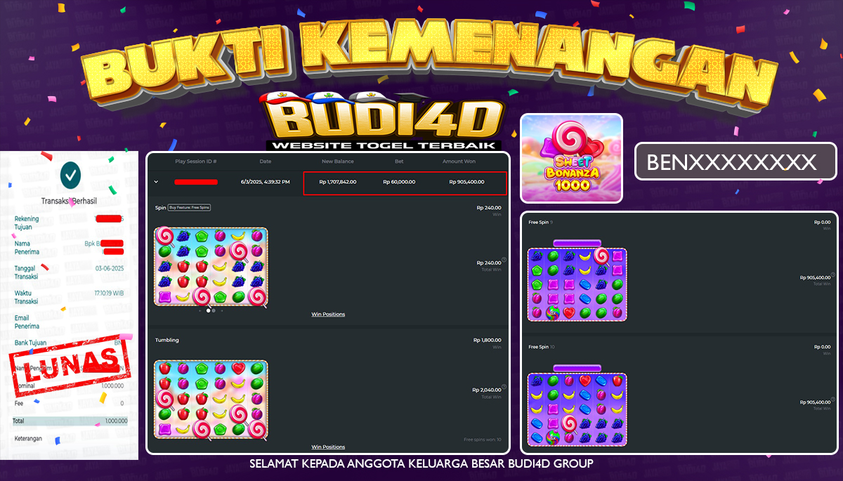 BUDI4D JACKPOT SLOT PRAGMATIC SWEET BONANZA 1000  Rp.1.000.000,- LUNAS
