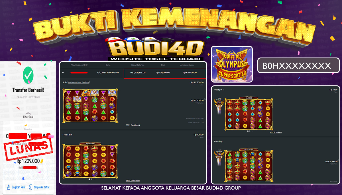 BUDI4D JACKPOT SLOT PRAGMATIC GATES OF OLYMPUS SUPER SCATTER  Rp.1.209.000,- LUNAS