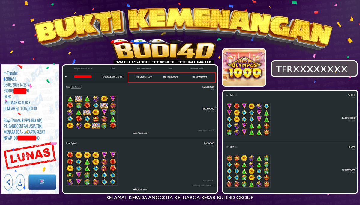 BUDI4D JACKPOT SLOT PRAGMATIC GATES OF OLYMPUS 1000 Rp.1.007.000,- LUNAS