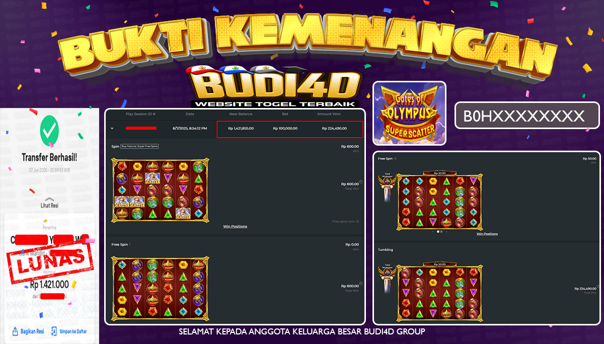 BUDI4D JACKPOT SLOT PRAGMATIC GATES OF OLYMPUS SUPER SCATTER Rp.1.421.000,- LUNAS