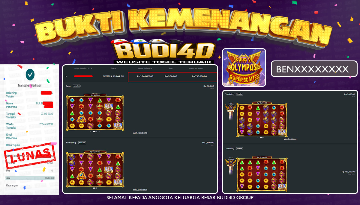 BUDI4D JACKPOT SLOT PRAGMATIC GATES OF OLYMPUS SUPER SCATTER  Rp.1.600.000,- LUNAS