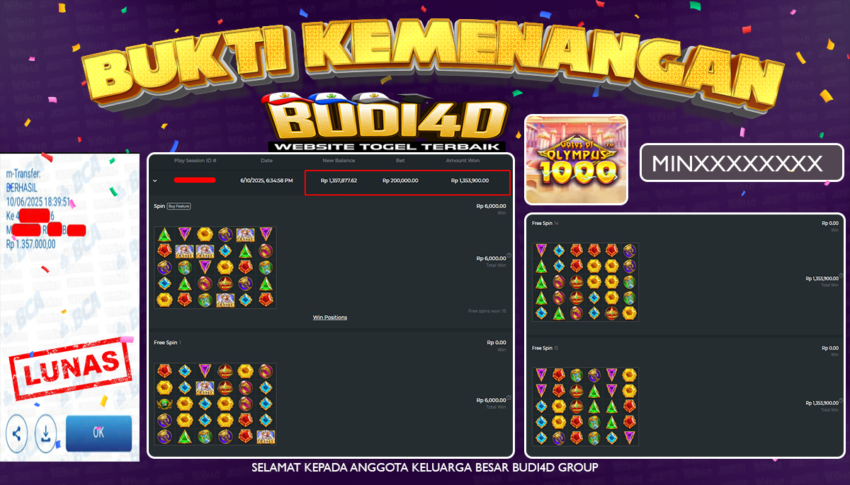 BUDI4D JACKPOT SLOT PRAGMATIC GATES OF OLYMPUS 1000 Rp.1.357.000,- LUNAS