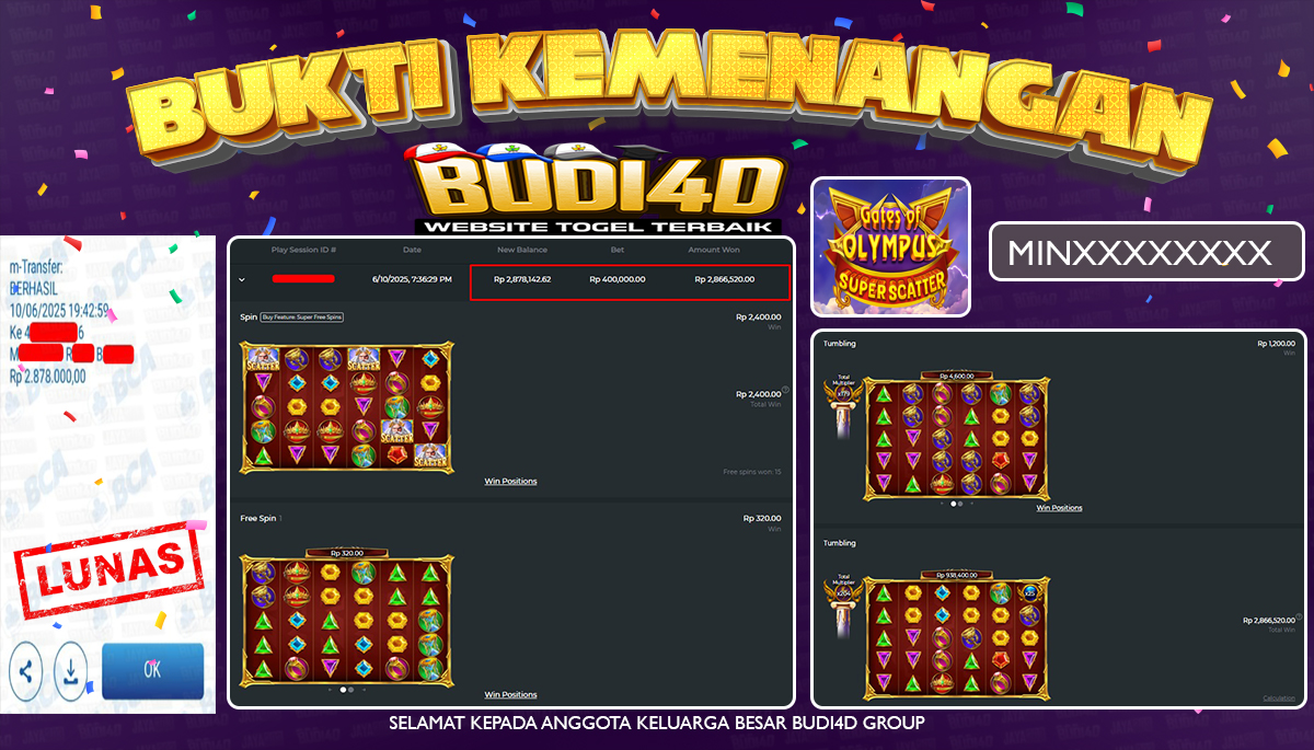 BUDI4D JACKPOT SLOT PRAGMATIC GATES OF OLYMPUS SUPER SCATTER Rp.2.878.000,- LUNAS