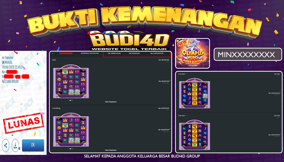 BUDI4D JACKPOT SLOT PRAGMATIC OLYMPUS WINS Rp.2.689.000,- LUNAS