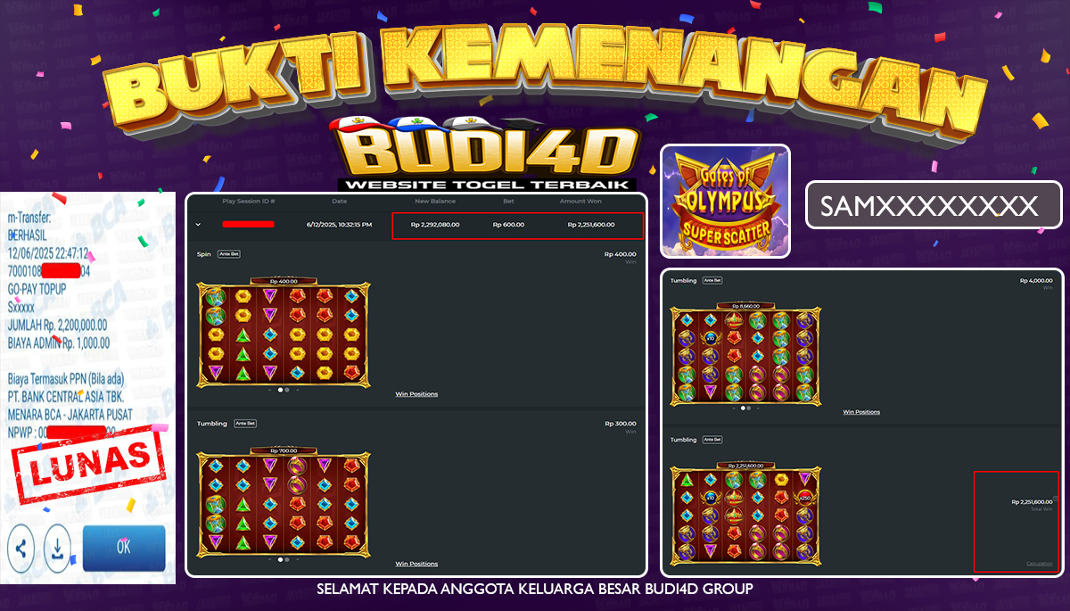 BUDI4D JACKPOT SLOT PRAGMATIC GATES OF OLYMPUS SUPER SCATTER Rp.2.200.000,- LUNAS