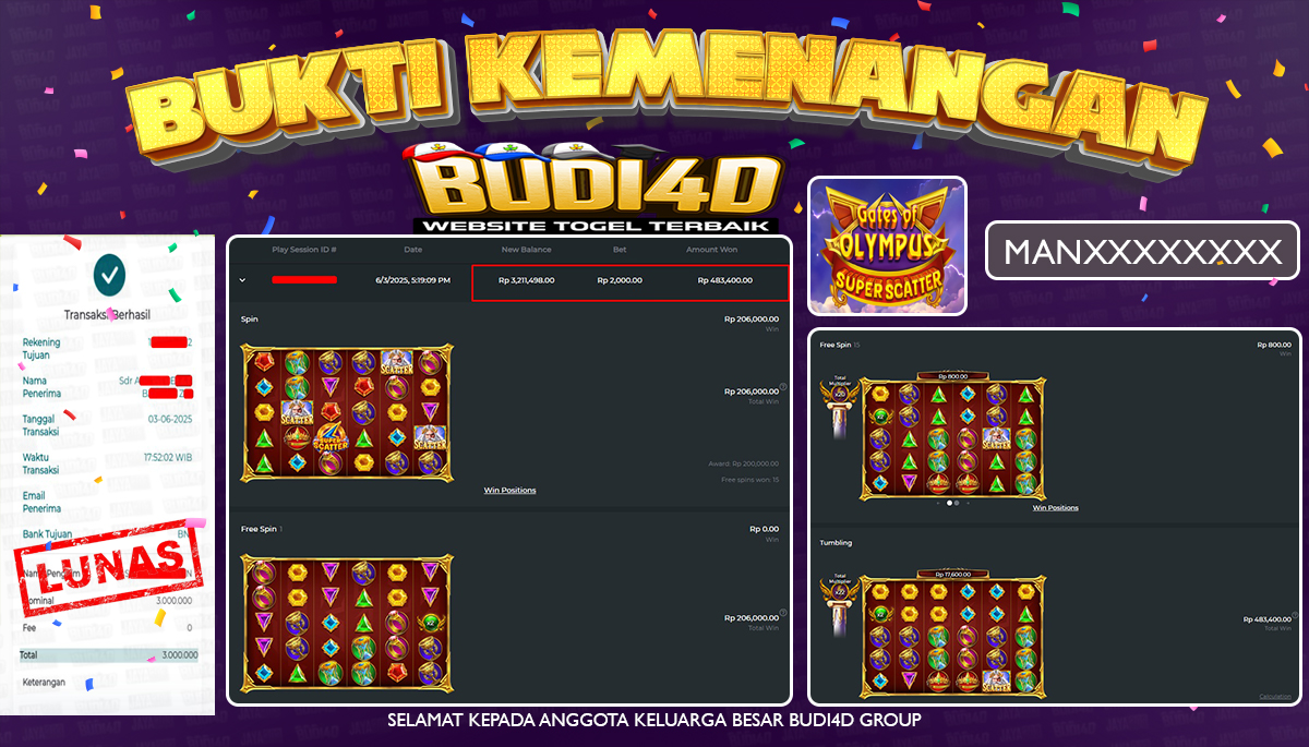 BUDI4D JACKPOT SLOT PRAGMATIC GATES OF OLYMPUS SUPER SCATTER  Rp.3.000.000,- LUNAS