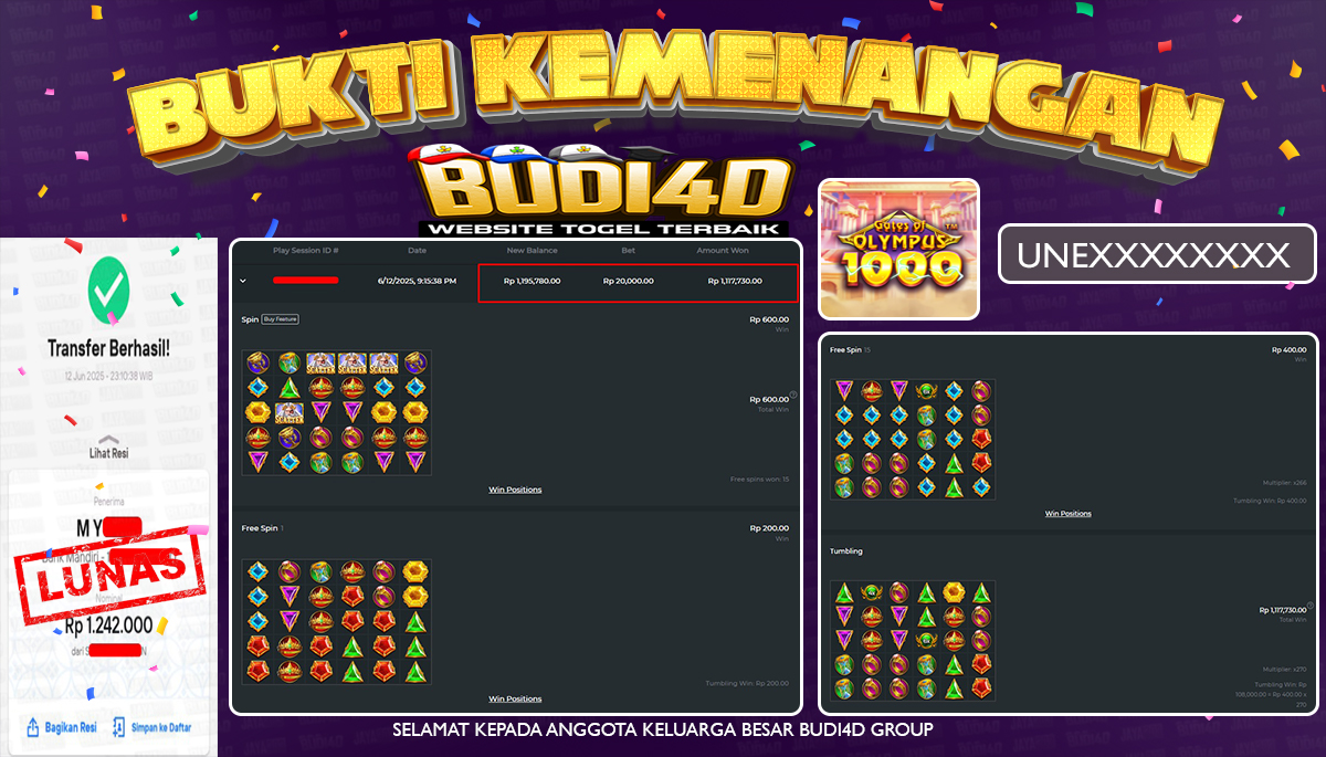 BUDI4D JACKPOT SLOT PRAGMATIC GATES OF OLYMPUS 1000 Rp.1.242.000,- LUNAS