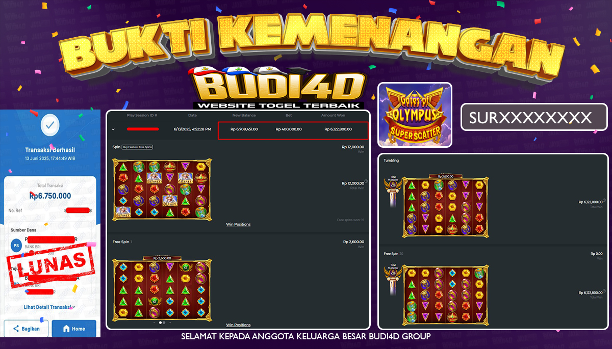 BUDI4D JACKPOT SLOT PRAGMATIC GATES OF SUPER SCATTER Rp.6.750.000,- LUNAS