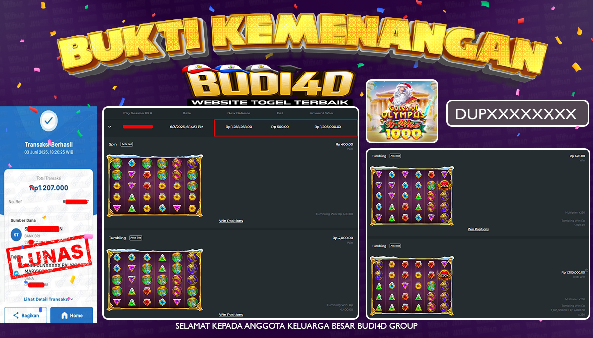 BUDI4D JACKPOT SLOT PRAGMATIC GATES OF OLYMPUS XMAS X1000  Rp.1.207.000,- LUNAS