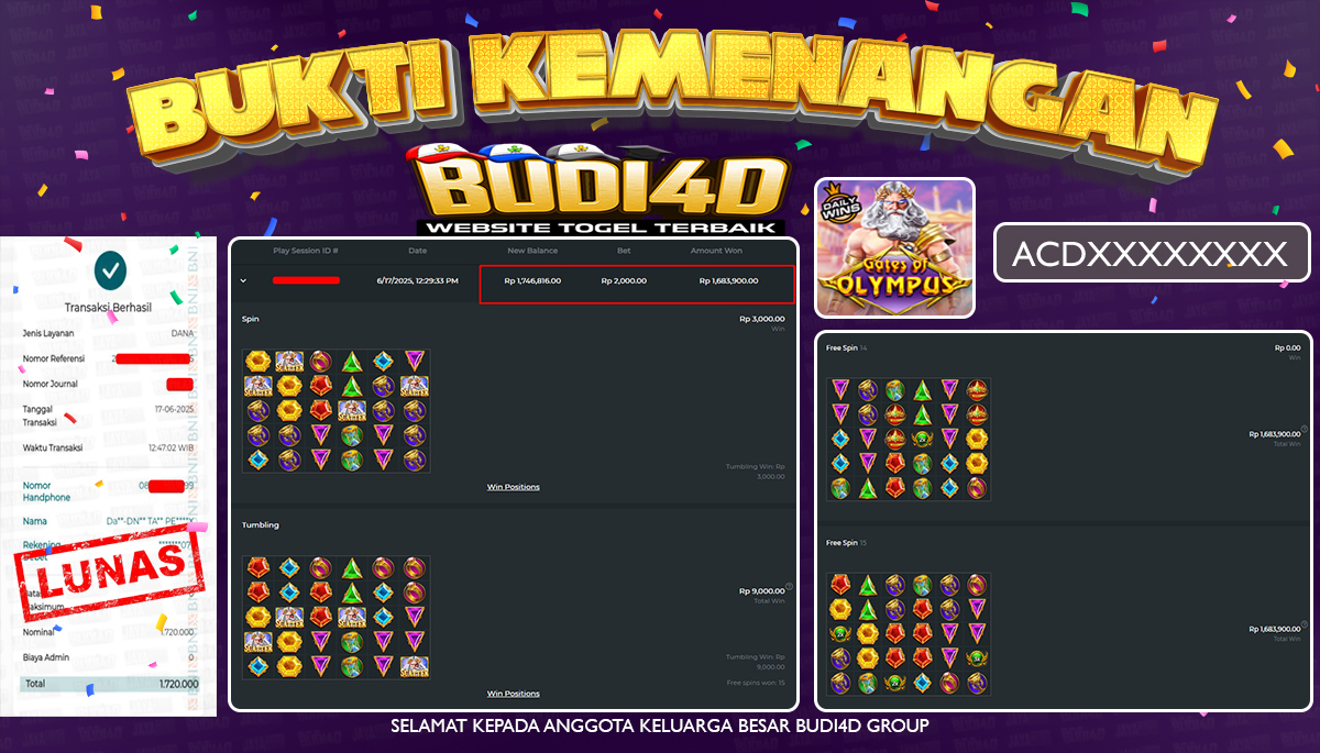 BUDI4D JACKPOT SLOT PRAGMATIC GATES OF OLYMPUS Rp.1.720.000,- LUNAS