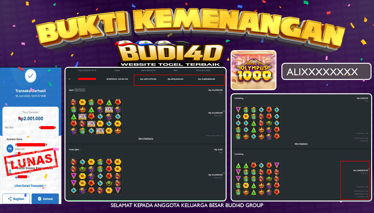 BUDI4D JACKPOT SLOT PRAGMATIC GATES OF OLYMPUS 1000 Rp.2.001.000,- LUNAS