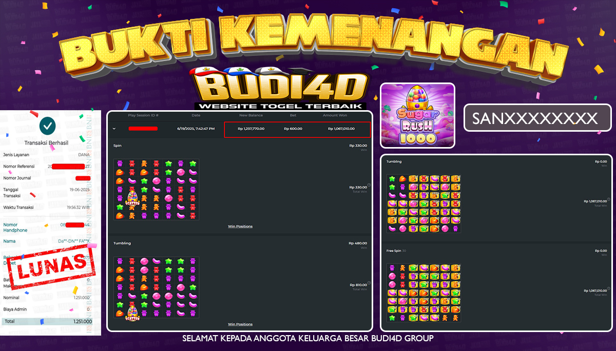BUDI4D JACKPOT SLOT PRAGMATIC SUGAR RUSH 1000 Rp.1.251.000,- LUNAS