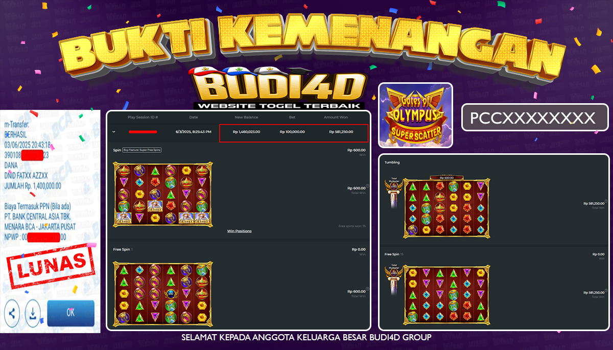 BUDI4D JACKPOT SLOT PRAGMATIC GATES OF OLYMPUS SUPER SCATTER  Rp.1.400.000,- LUNAS