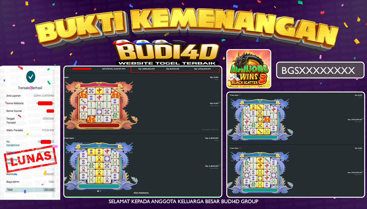 BUDI4D JACKPOT SLOT PRAGMATIC MAHJONG WINS 3 BLACK SCATTER Rp.1.500.000,- LUNAS
