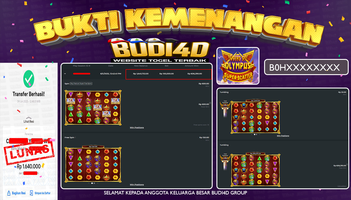 BUDI4D JACKPOT SLOT PRAGMATIC GATES OF OLYMPUS SUPER SCATTER  Rp.1.640.000,- LUNAS