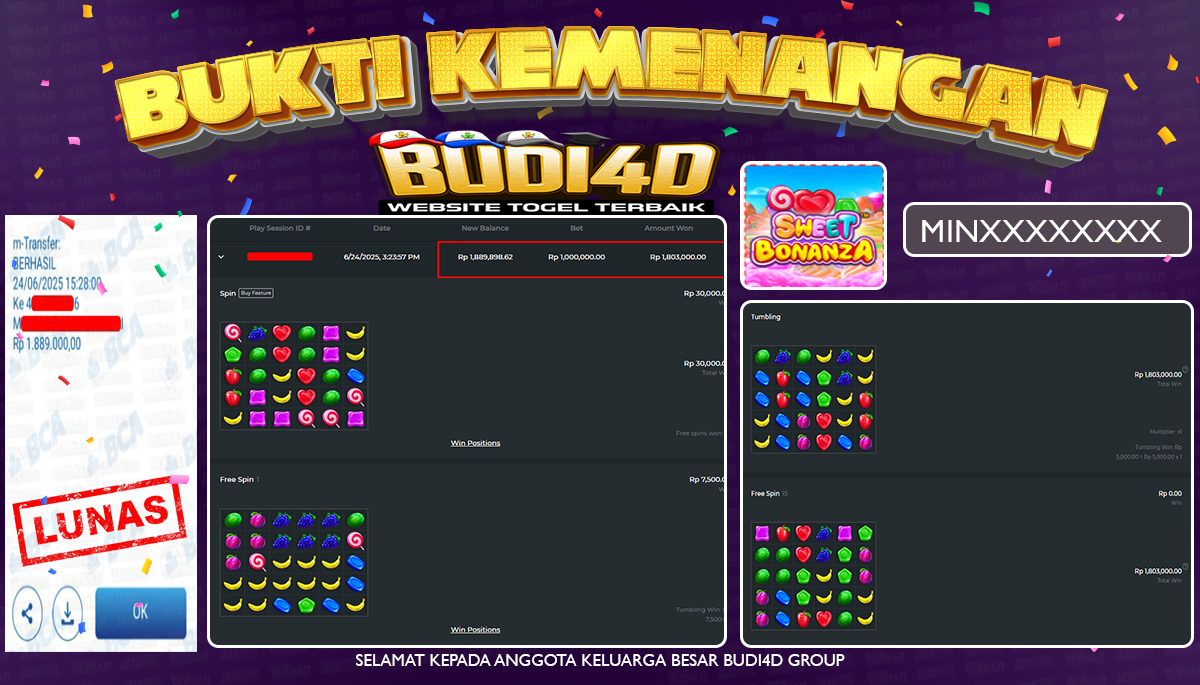 BUDI4D JACKPOT SLOT PGSOFT SWEET BONANZA Rp.1.889.000,- LUNAS