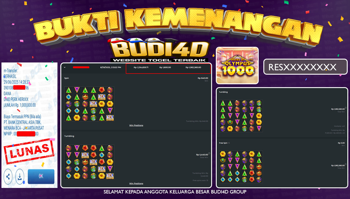 BUDI4D JACKPOT SLOT PRAGMATIC GATES OF OLYMPUS 1000 Rp.1.000.000,- LUNAS