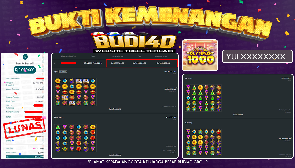 BUDI4D JACKPOT SLOT PRAGMATIC GATES OF OLYMPUS 1000 Rp.1.000.000,- LUNAS