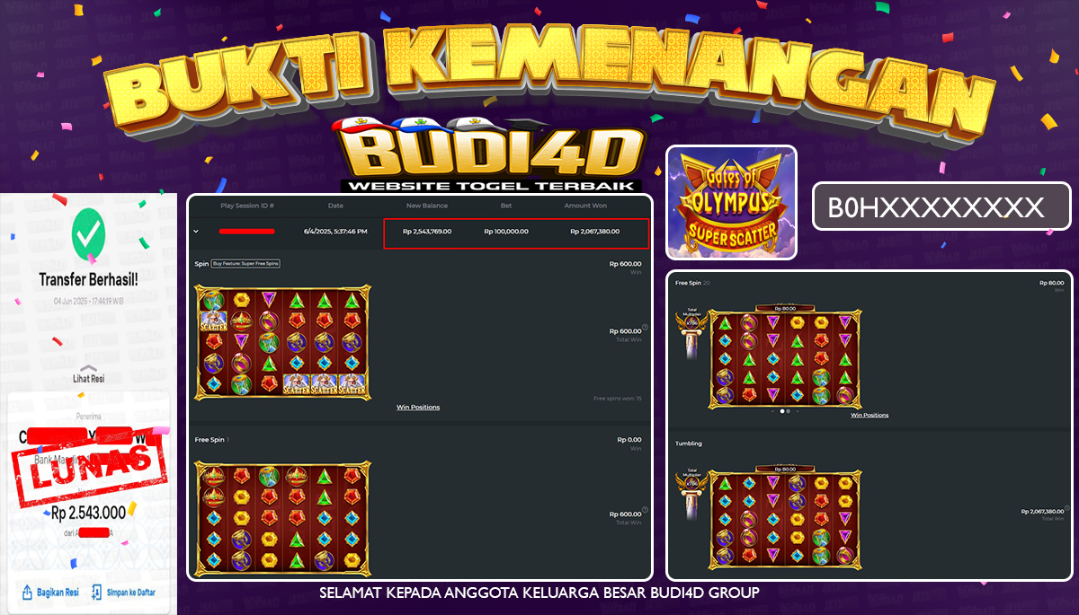 BUDI4D JACKPOT SLOT PRAGMATIC GATES OF OLYMPUS SUPER SCATTER  Rp.2.543.000,- LUNAS