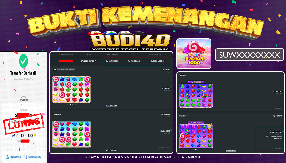 BUDI4D JACKPOT SLOT PRAGMATIC SWEET BONANZA 1000  Rp.15.000.000,- LUNAS