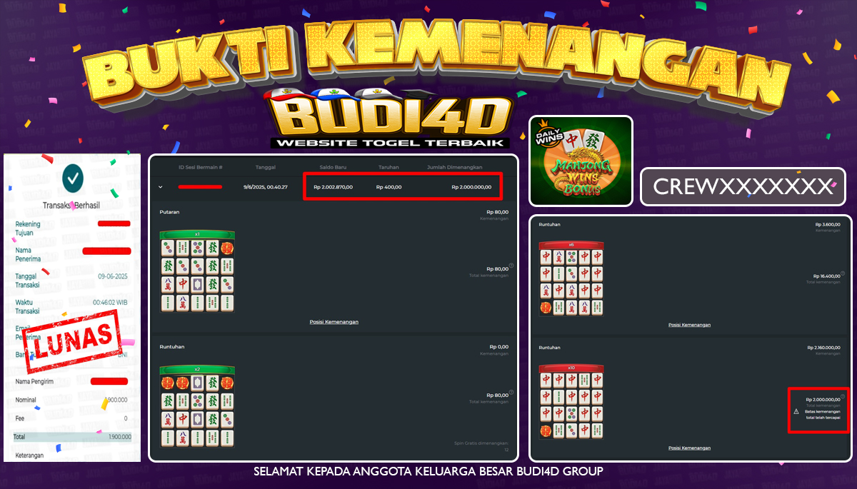 BUDI4D JACKPOT SLOT PRAGMATIC MAHJONG WINS BONUS Rp.1.900.000,- LUNAS