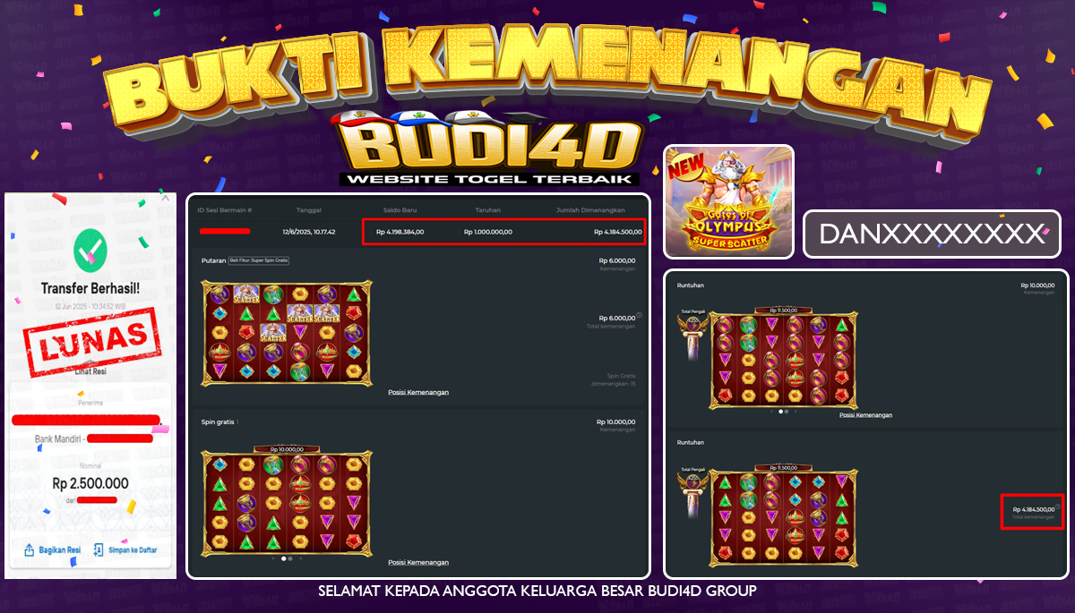 BUDI4D JACKPOT SLOT PRAGMATIC GATES OF OLYMPUS SUPER SCATTER Rp.2.500.000,- LUNAS