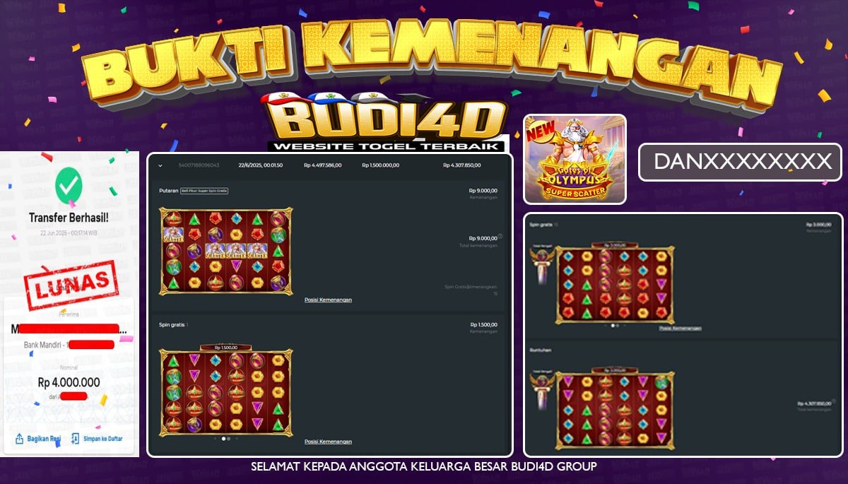 BUDI4D JACKPOT SLOT PRAGMATIC GATES OF OLYMPUS SUPER SCATTER Rp.4.000.000,- LUNAS