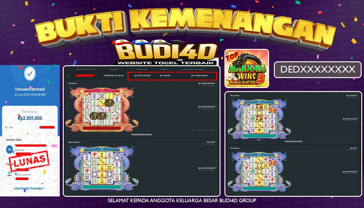 BUDI4D JACKPOT SLOT PRAGMATIC MAHJONG WINS 3 – BLACK SCATTER Rp.2.000.000,- LUNAS