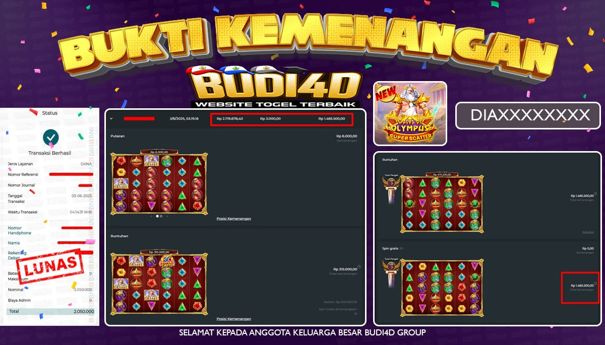 BUDI4D JACKPOT SLOT PRAGMATIC GATE OF OLYMPUS SUPER SCATTER Rp.2.050.000,- LUNAS