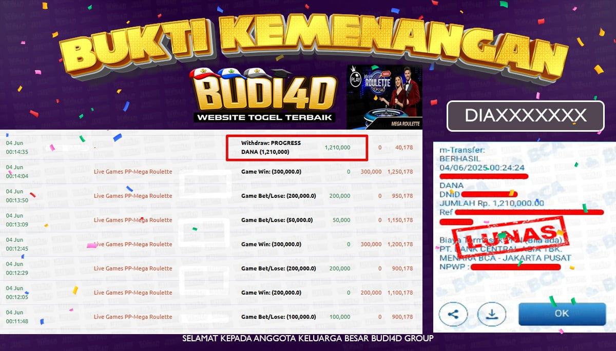 BUDI4D JACKPOT LIVE CASINO MEGA ROULETTE Rp.1.210.000,- LUNAS