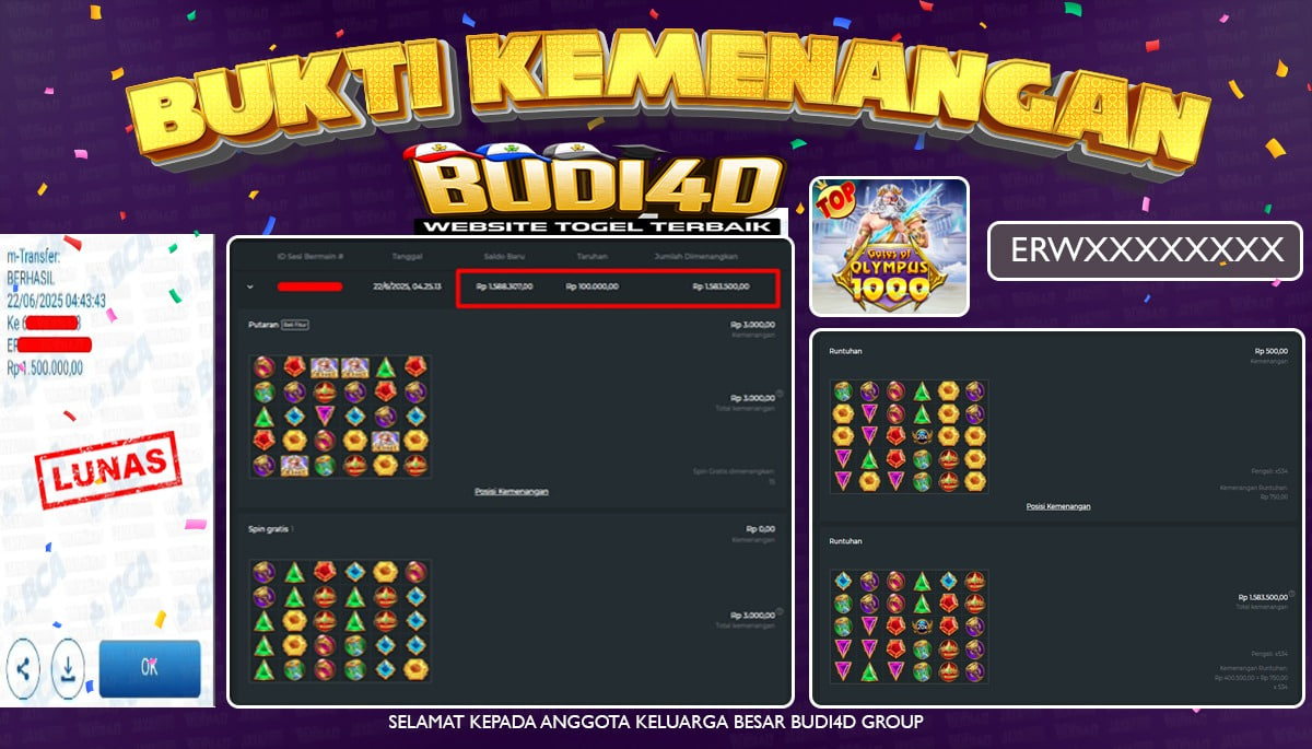 BUDI4D JACKPOT SLOT PRAGMATIC GATES OF OLYMPUS 1000 Rp.1.500.000,- LUNAS