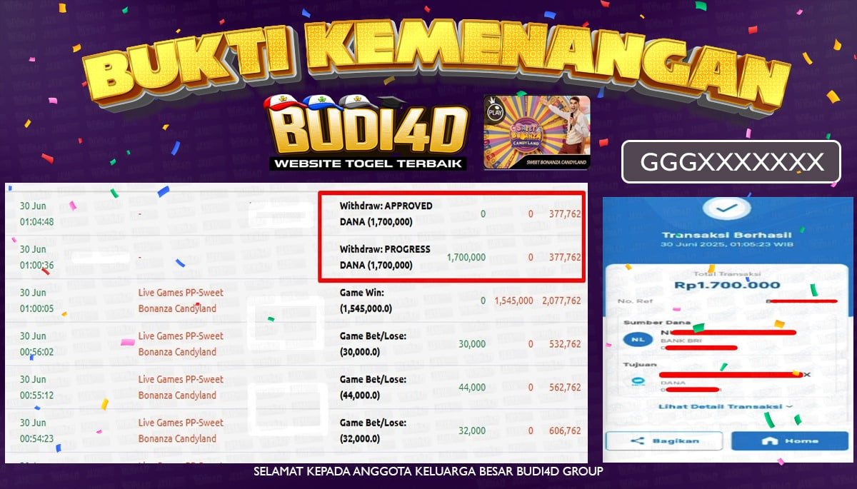 BUDI4D JACKPOT LIVE CASINO SWEET BONANZA CANDYLAND Rp.1.700.000,- LUNAS