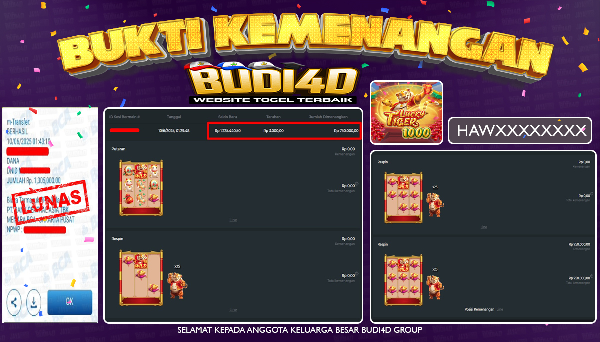 BUDI4D JACKPOT SLOT LUCKY TIGER 1000 Rp.1.305.000,- LUNAS