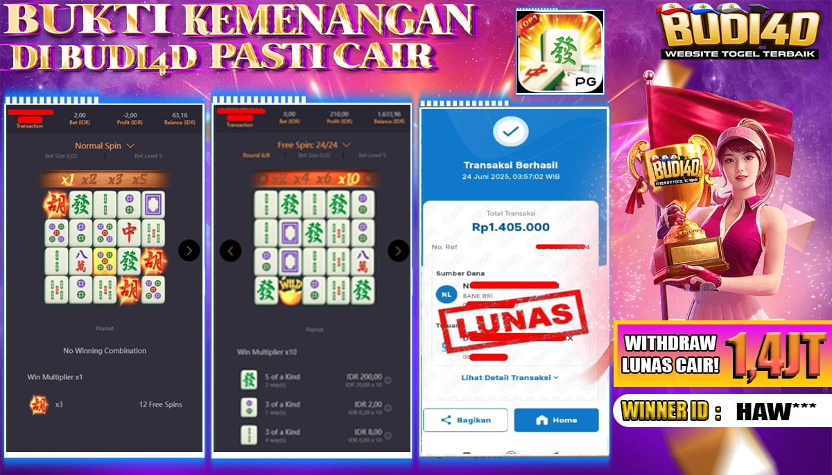 BUDI4D JACKPOT SLOT PG SOFT MAHJONG WAYS Rp.1.405.000,- LUNAS