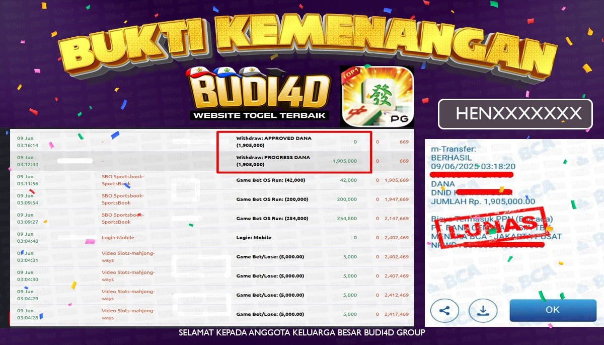 BUDI4D JACKPOT SLOT PGSOFT MAHJONG WAYS Rp.1.905.000,- LUNAS
