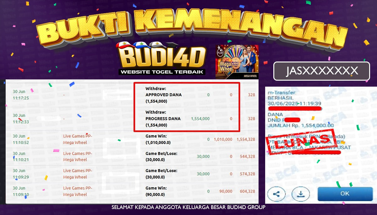 BUDI4D JACKPOT LIVE CASINO MEGA WHEEL Rp.1.554.000,- LUNAS
