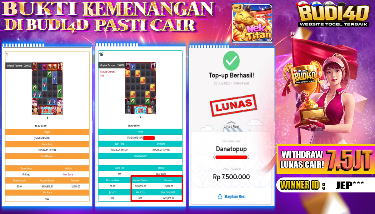 BUDI4D JACKPOT SLOT 5G GAMES NEKO TITAN Rp.7.500.000,- LUNAS