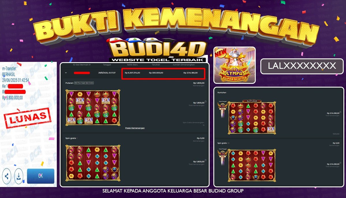 BUDI4D JACKPOT SLOT PRAGMATIC GATES OF OLYMPUS SUPER SCATTER Rp.5.800.000,- LUNAS